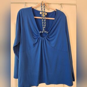 Michael Kors Women's Royal Blue Blouse Keyhole Silver Necklace Chain 2X Silky
